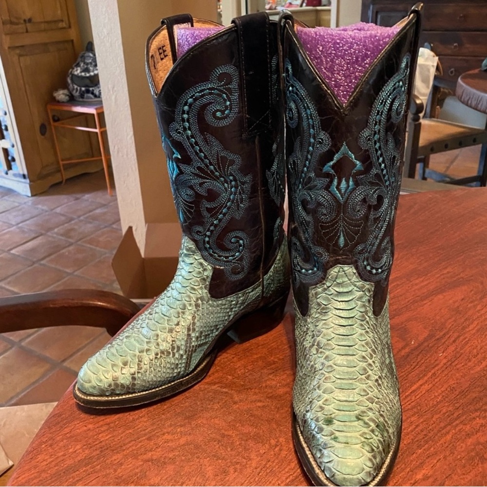 Turquoise and Black Genuine Python Leather Western Boots